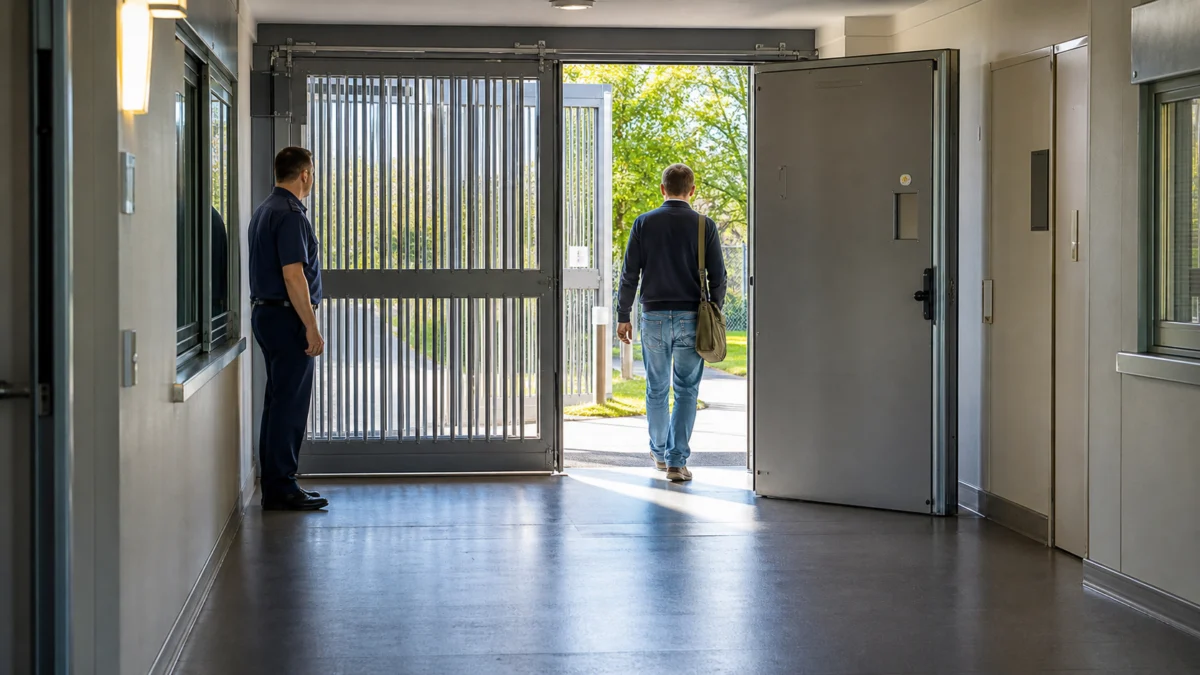 Anonymer Mann verlässt durch einen geöffneten gesicherten Ausgang eine forensische Klinik