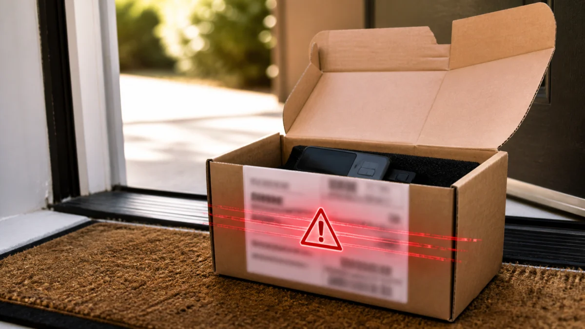 Offenes Paket mit Hardware-Wallet und kompromittiertem Adressetikett