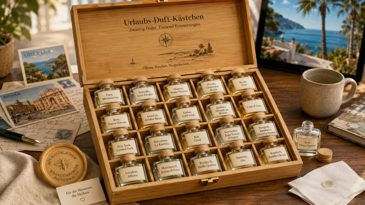 Urlaubs-Duft-Kästchen mit zwanzig kleinen Fläschchen verschiedener Reiseziele