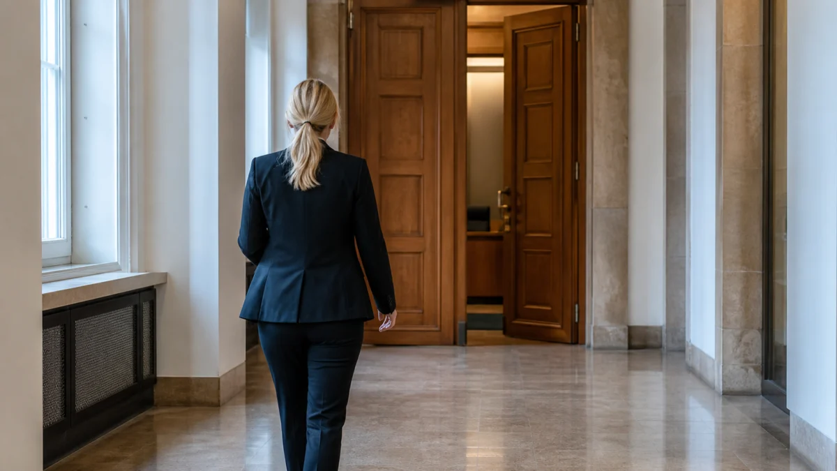 Frau im Hosenanzug geht auf einen Gerichtssaal zu.