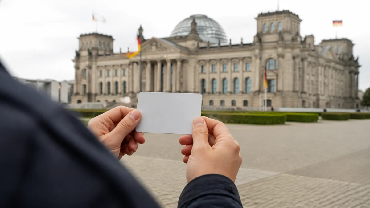 Anonyme Hände halten einen leeren Besucherpass vor dem Reichstagsgebäude.