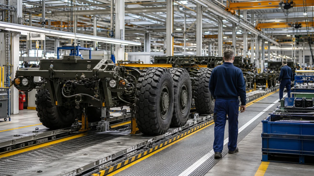 Militärisches Fahrzeugchassis in einer modernen Werkshalle