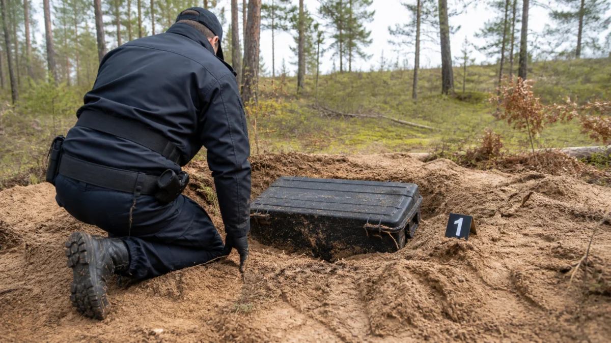 Ermittler untersucht ein Versteck im Wald