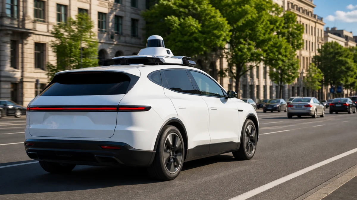 Weißes autonomes Elektrofahrzeug mit Sensoraufbau auf einer Münchner Straße.