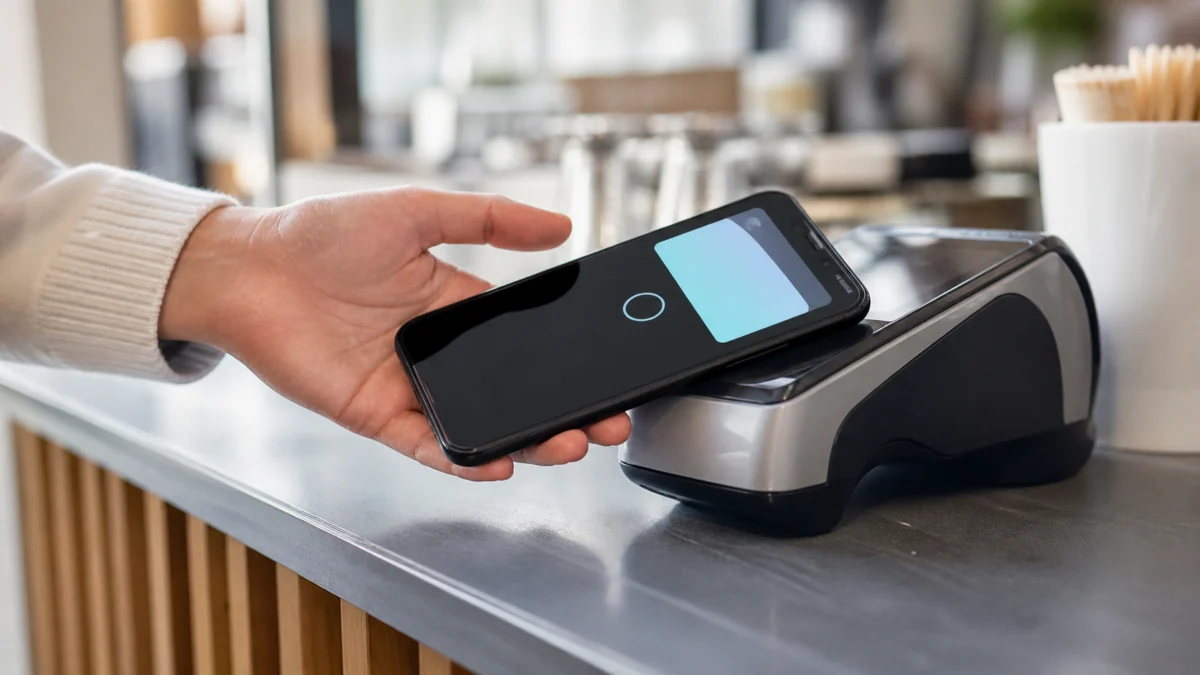 Ein Smartphone wird an ein kontaktloses Bezahlterminal gehalten.
