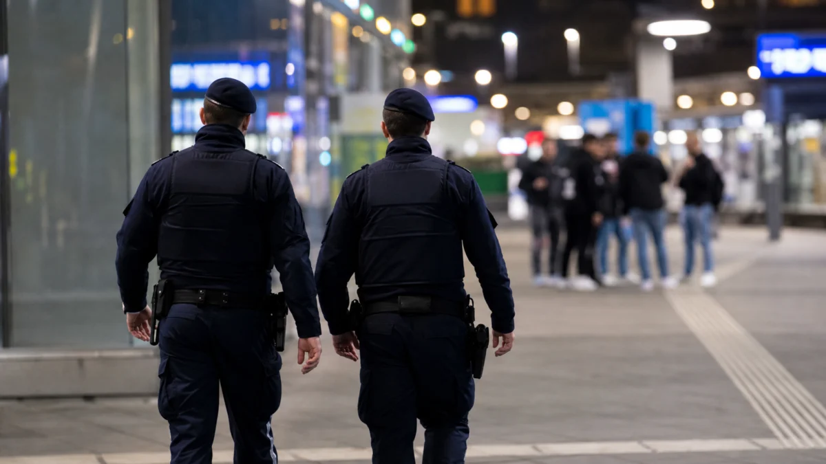 Polizeikräfte von hinten in einer Bahnhofshalle mit unscharfer Gruppe im Hintergrund
