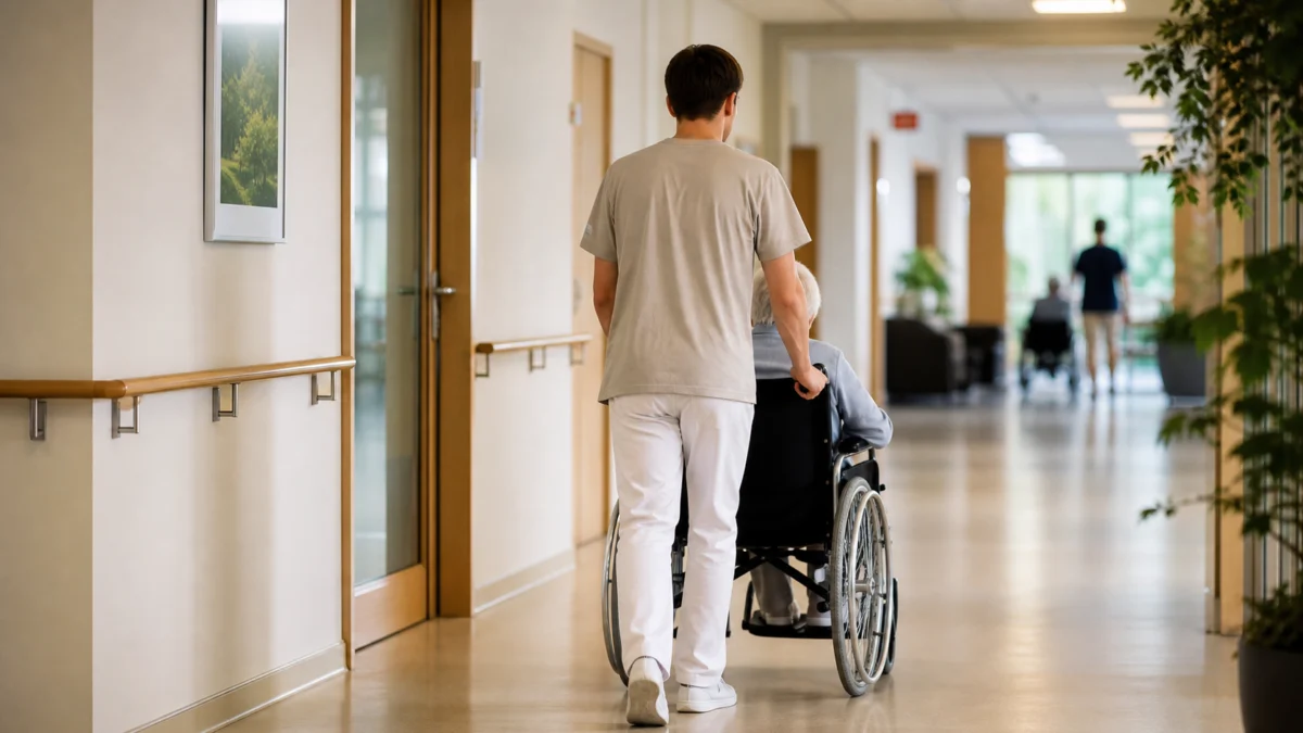 Junger Zivildienstleistender schiebt eine ältere Person im Rollstuhl durch eine Pflegeeinrichtung