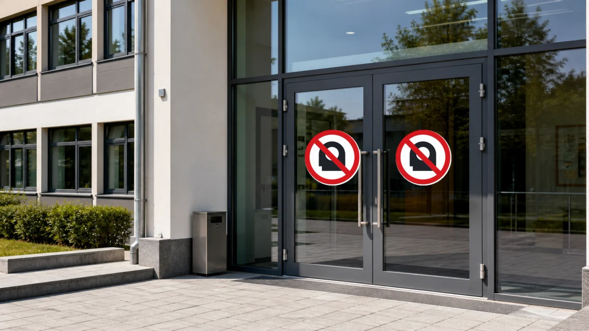Kopftuchverbotsschilder an einem Schuleingang.