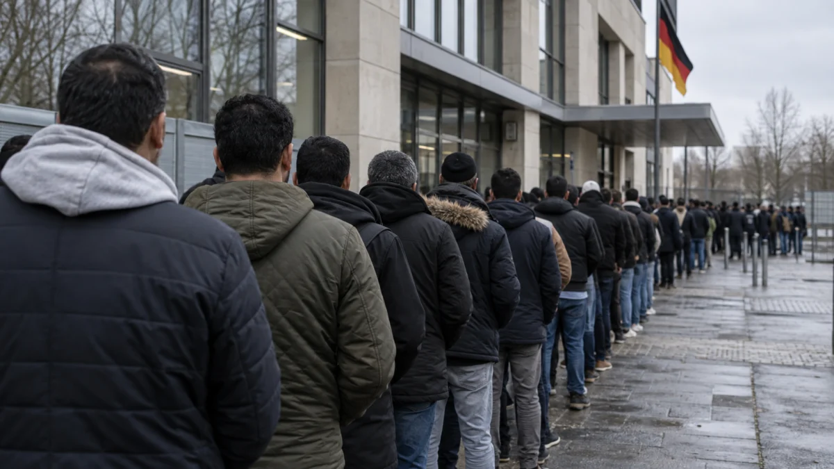 Lange Warteschlange erwachsener Männer vor einer deutschen Behörde