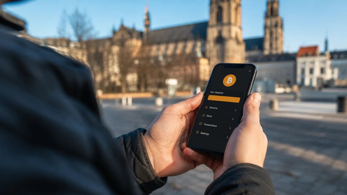 Smartphone mit Bitcoin-Wallet in der Hand vor unscharfer Stadtkulisse