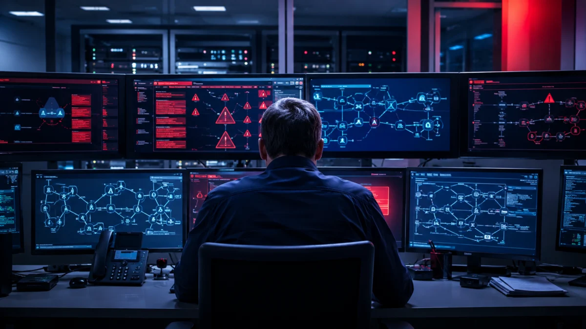 IT-Techniker von hinten vor Warnmeldungen auf Monitoren in einer Behörden-IT