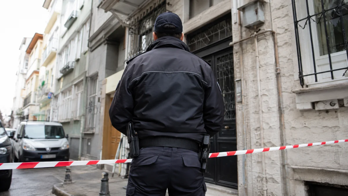 Polizist von hinten vor einem abgesperrten Hauseingang in Istanbul