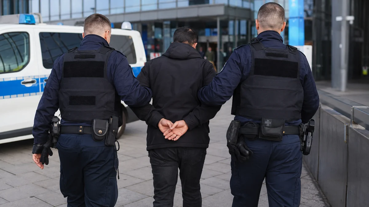 Polizisten führen einen Tatverdächtigen von hinten vor einem Bahnhof ab