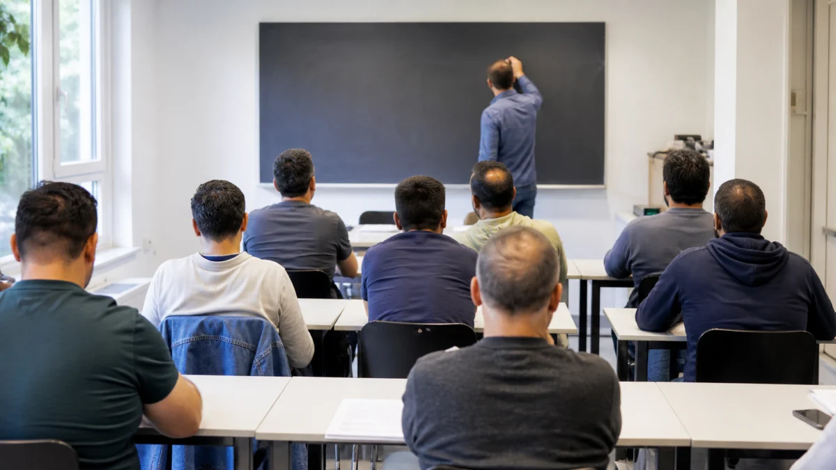 Erwachsene Sprachschüler in einem Deutschkurs.