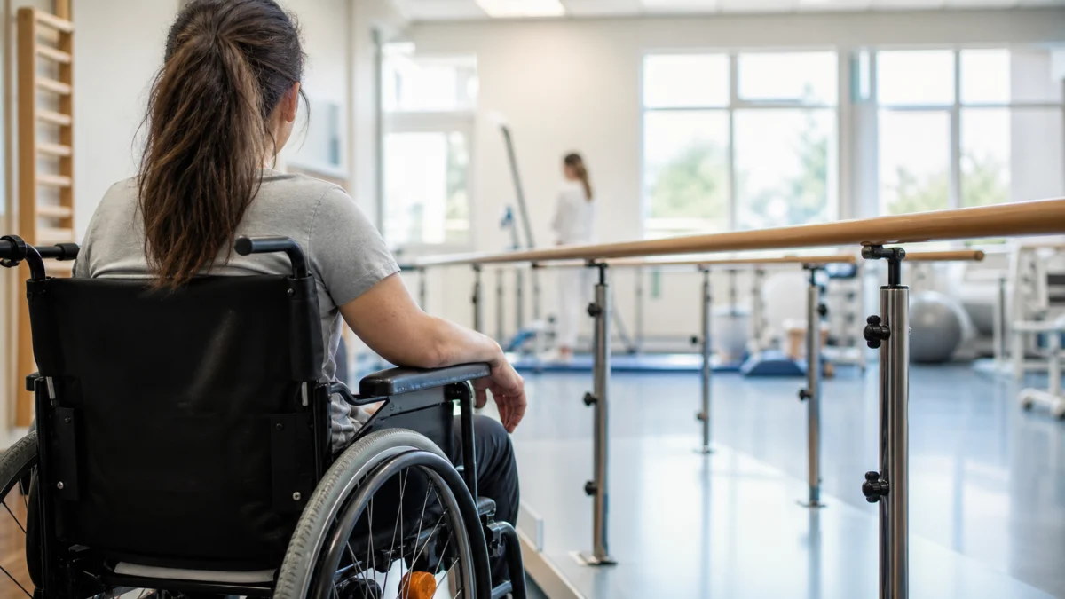 Frau im Rollstuhl in einem Rehabilitationsraum.