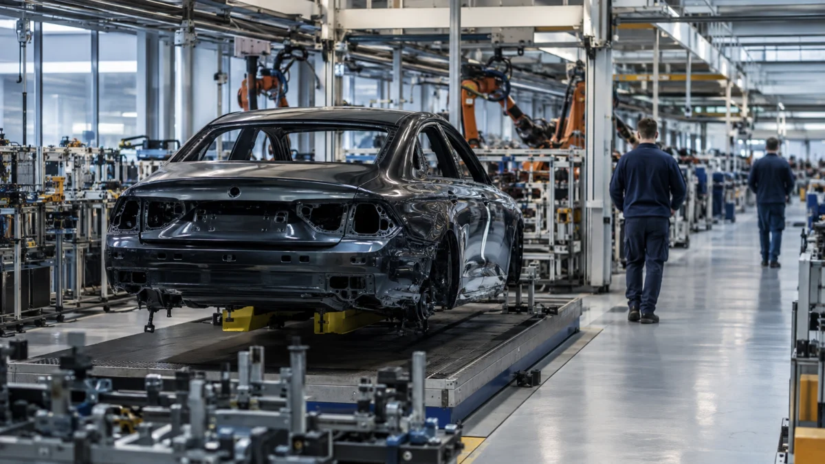 Unfertige Limousine auf einer Fertigungslinie in einem deutschen Autowerk