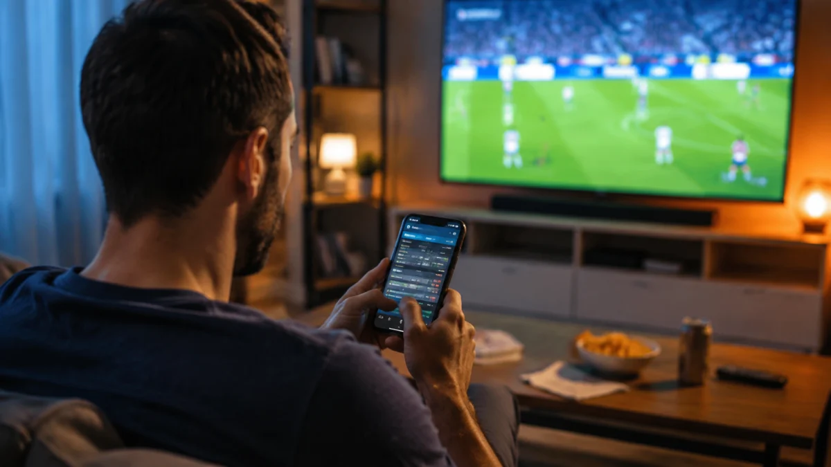 Symbolbild eines jungen Mannes, der beim Fußballsehen eine Online-Sportwette auf dem Smartphone platziert