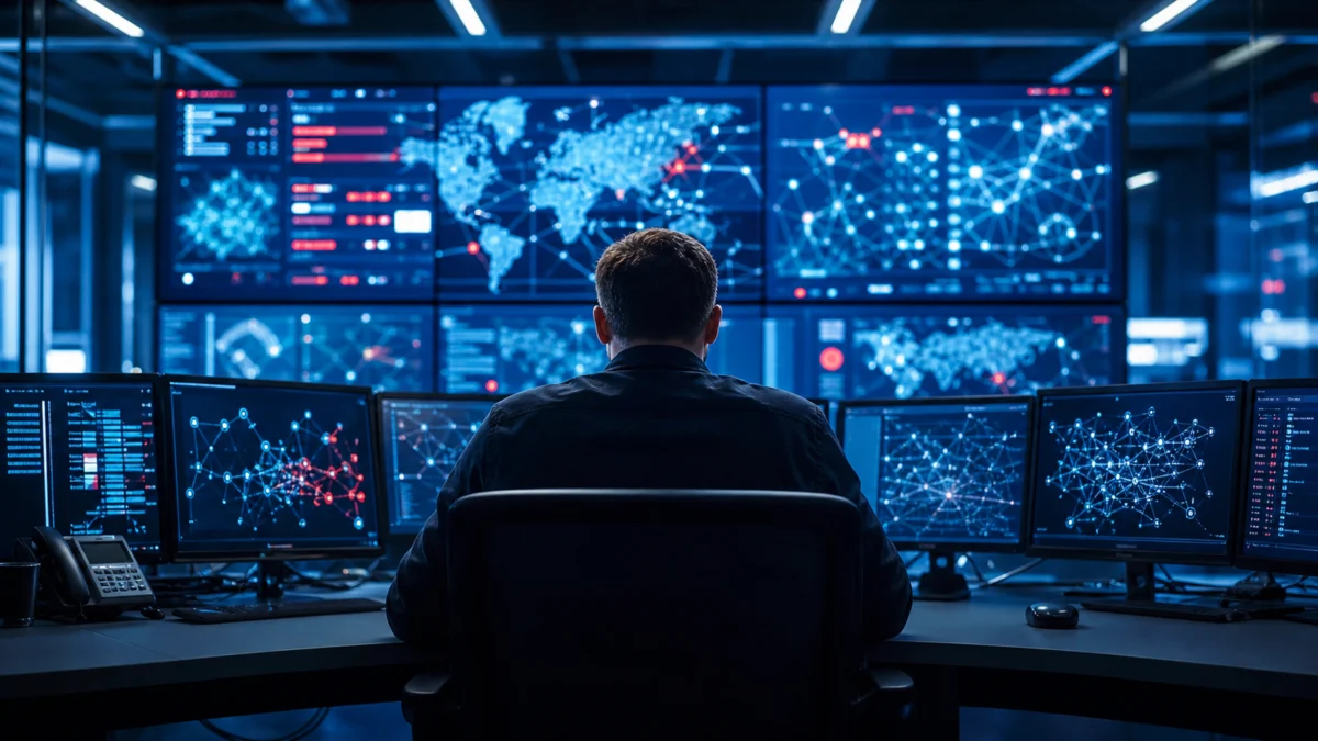 Sicherheitsanalyst in einer Leitstelle vor digitalen Netzwerkdarstellungen.