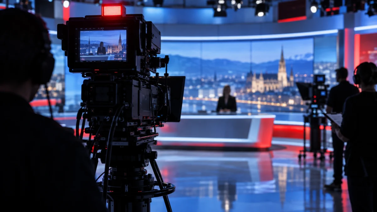 Fernsehstudio mit professioneller Kamera und Nachrichtensprecherin im Hintergrund