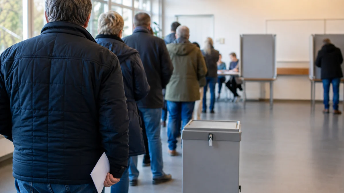 Wähler im Wahllokal vor einer Wahlurne