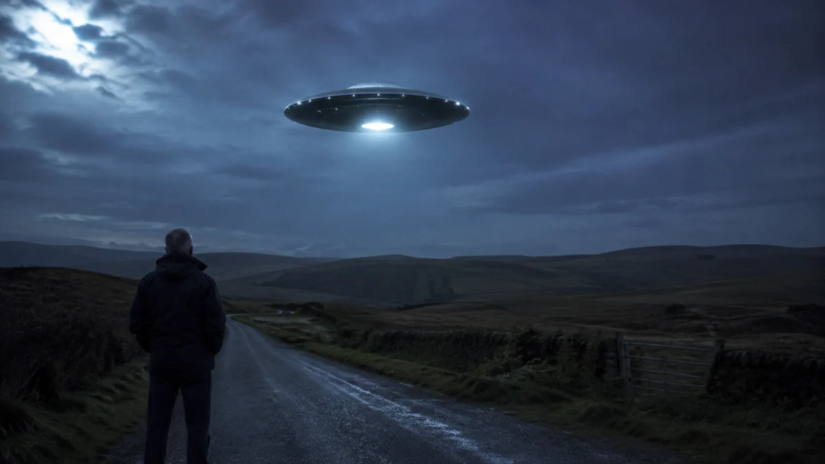 Symbolbild eines unbekannten Flugobjekts über einer britischen Landschaft bei Nacht