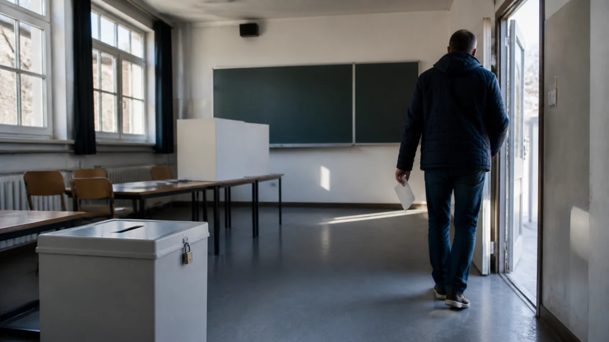 Wahlhelfer verlässt ein Wahllokal neben einer Wahlurne