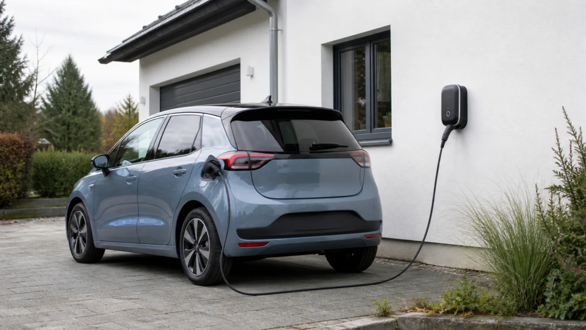 Elektroauto lädt an einer Wallbox am Wohnhaus